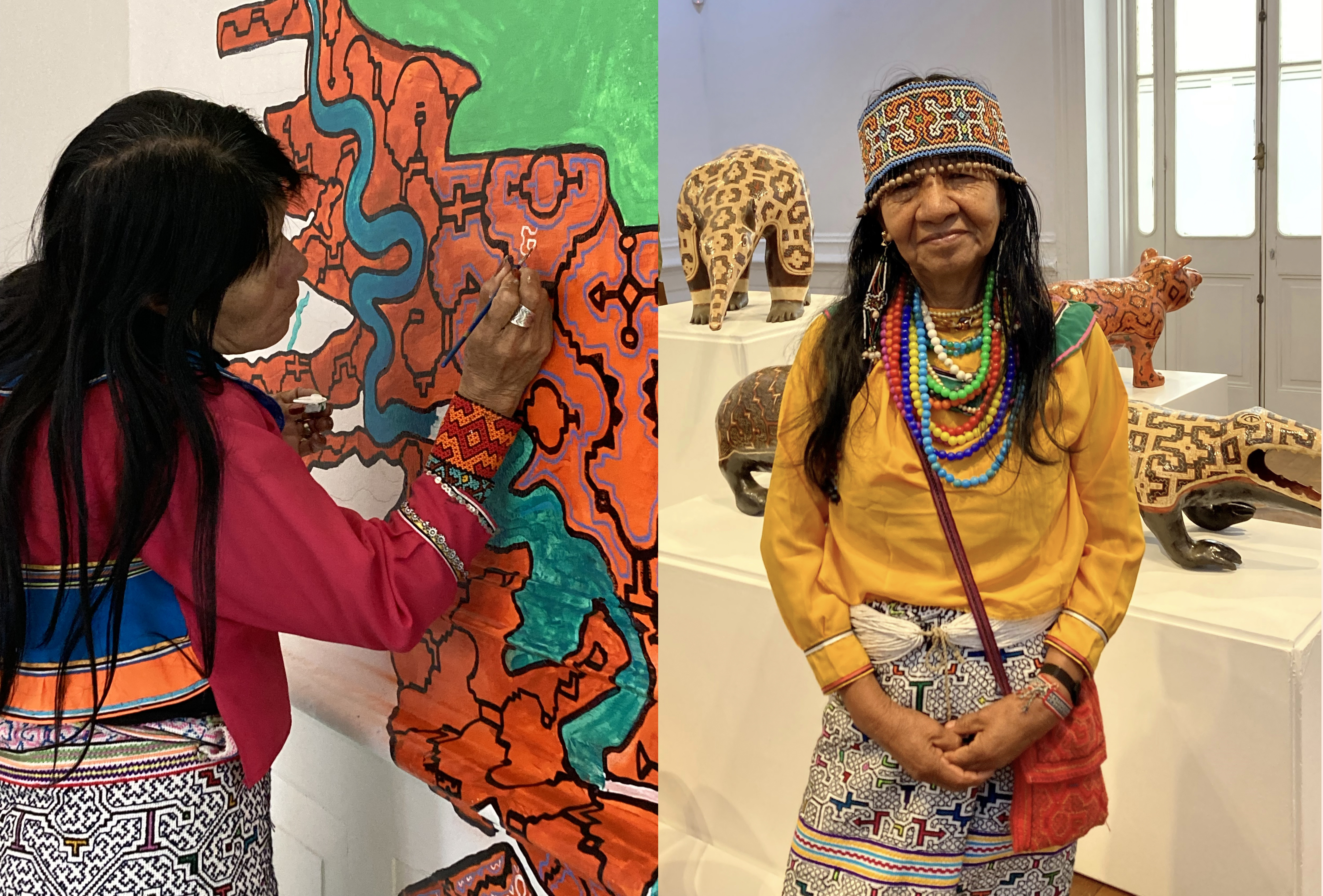 Para la muestra “Maya maya bainkin. Avanzando dando vueltas. Arte y futuro shipibo”, en la que participan mujeres artistas indígenas, Olinda Silvano (izquierda) ha realizado una pintura basada en el mapa original del territorio Shipibo Conibo.  A la derecha aparece la ceramista Celia Vásquez Yui, de 61 años, junto a parte de la serie de animales hechos en arcilla y tintes naturales.