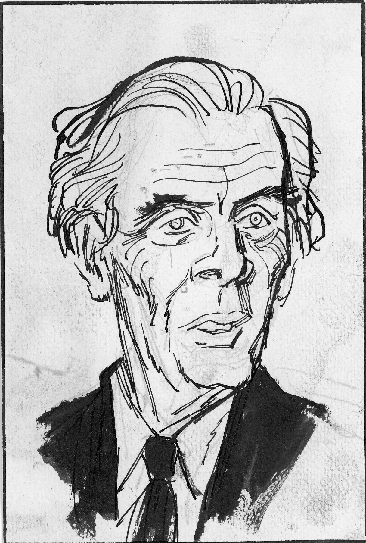 Dibujo del rostro del escritor inglés Aldous Huxley, que El Comercio publicó por esos días de su visita al Perú, entre fines de julio y comienzos de agosto de 1958. La prensa peruana quedó impactada con sus palabras, su visión del mundo y su lucidez apocalíptica. (Foto: GEC Archivo Histórico).