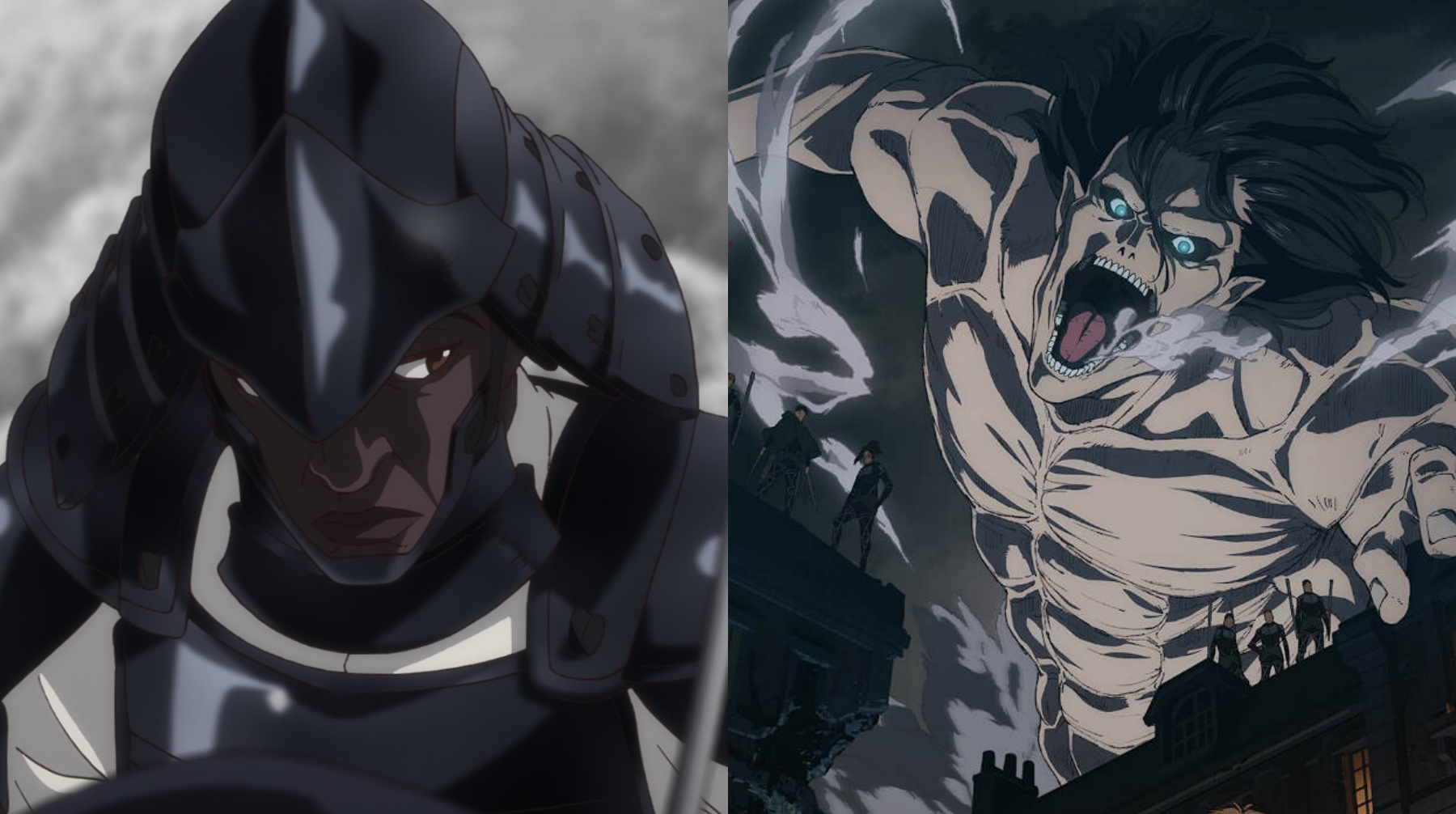 De izquierda a derecha, imágenes de "Yasuke" y "Attack on Titan: The Final Season". Fotos: Netflix/ Crunchyroll.