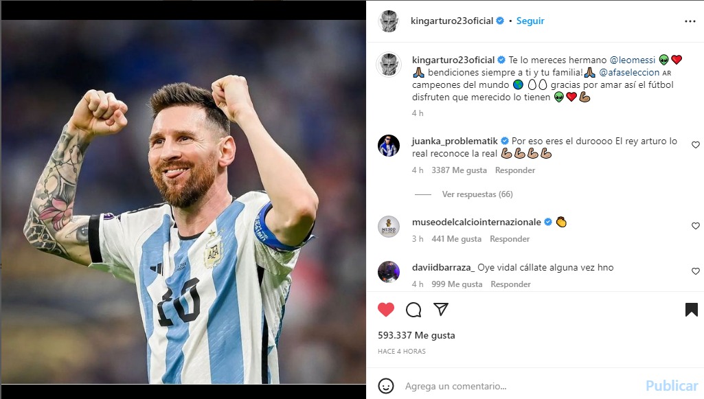 Arturo Vidal y su mensaje a Lionel Messi tras salir campeón del mundo con Argentina. (Imagen: Captura de Instagram)