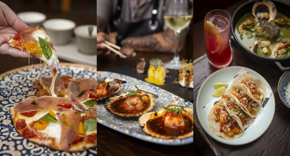 Izquierda: pizza de prosciutto, burrata, duraznos en compota casera, tomatitos cherry y albahaca. Al medio: conchas a la brasa en horno josper con salsa Sweet & Spicy. Detrás, selección de nigiris. Derecha: tacos pop shrimp, con langostinos en tempura y salsa spicy. atrás, fish curry, con curry verde, tomatillos, jolantao, maní y arroz con coco. (Fotos: Heroína Estudio)