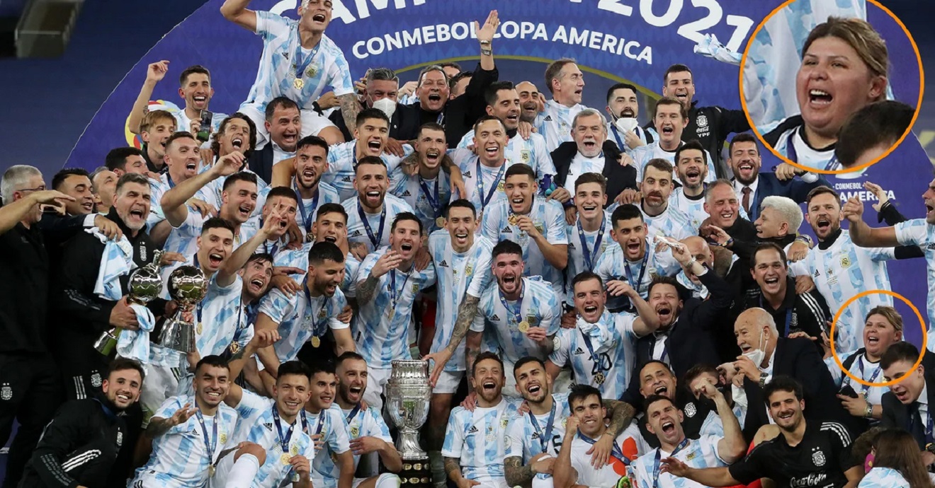 Celebración de Argentina tras haber ganado la Copa América 2021. Antonia es la única mujer. Foto: Composición de Zonales.com