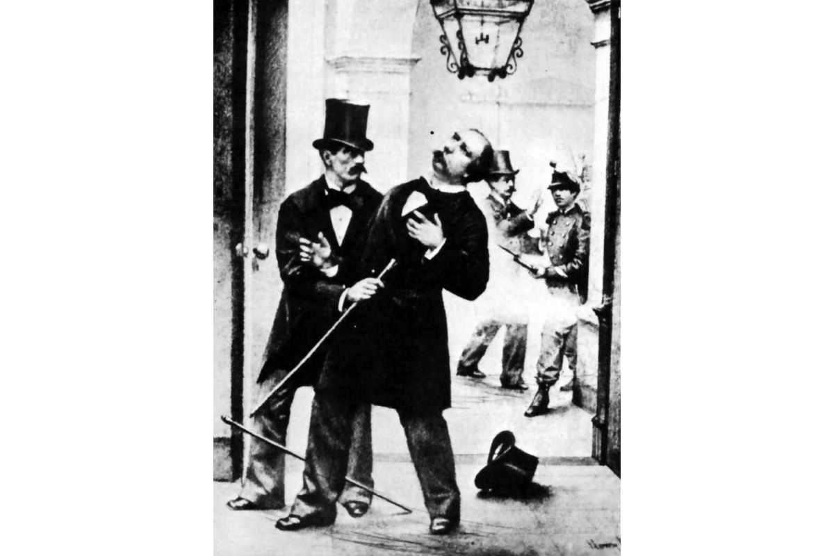 Manuel Pardo en un grabado que muestra el momento en que recibe el impacto del fusil que le causó la muerte. (Imagen: Henri Michel, Le Monde Illustre, Paris, 1878)