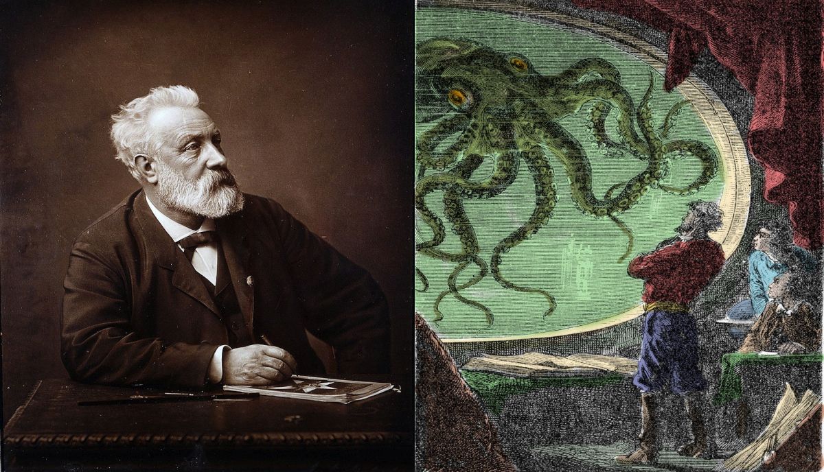 Grabado de época para “Veinte mil leguas de viaje submarino”. Verne imagina un submarino perfecto con enormes claraboyas que permiten a sus tripulantes contemplar la flora y la fauna del misterioso mundo marino.