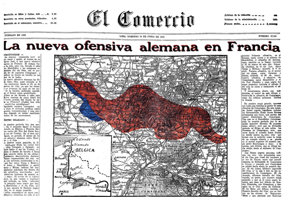 En junio de 1918, cuando el Rhakotis fue capturado en el Callao, la contienda internacional continuaba en Europa, tal como lo muestra una portada de El Comercio. (Foto: GEC Archivo Histórico)