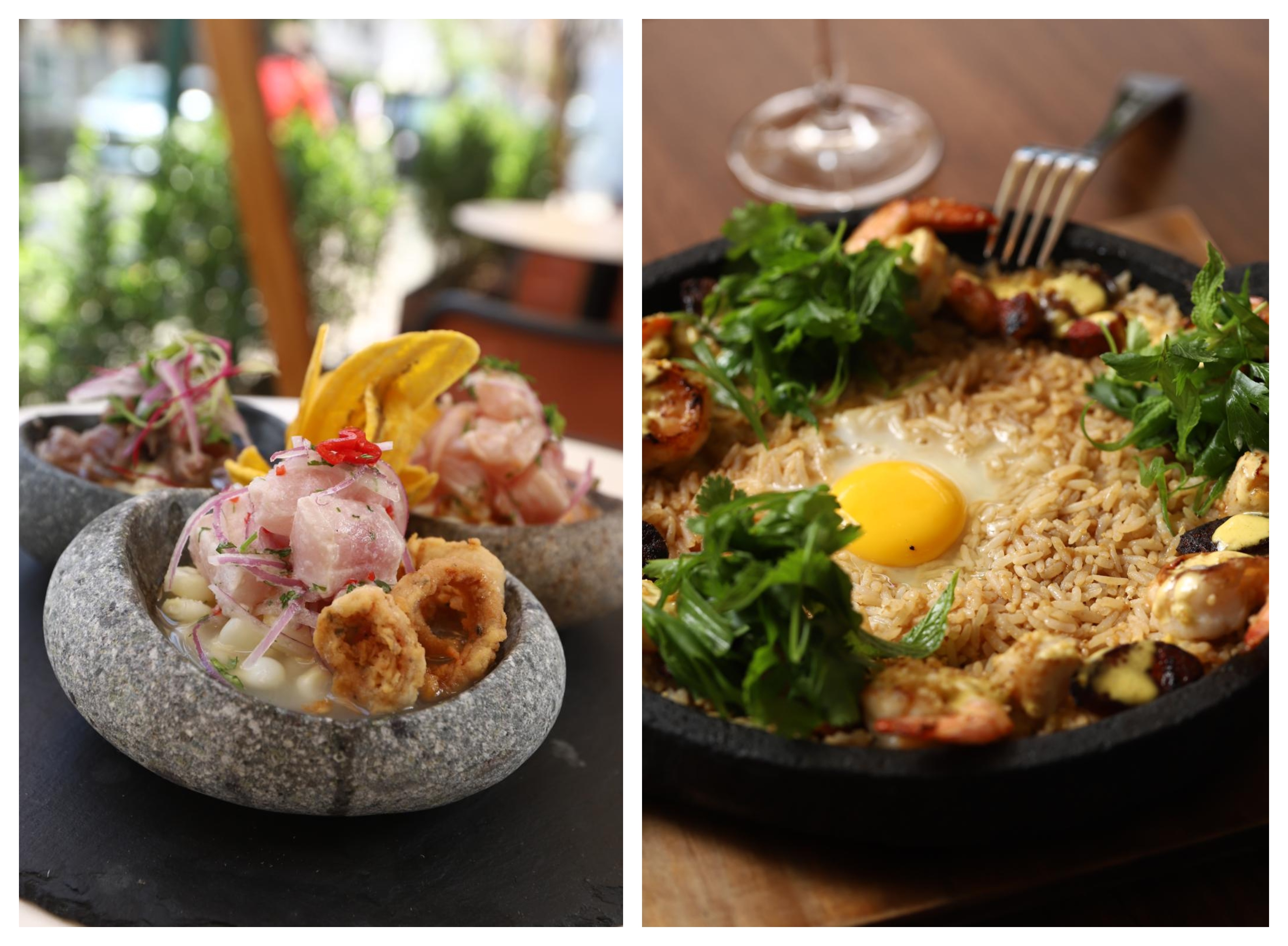 Carretillero, cebiche tipo tataki, y leche de tigre al rocoto. Derecha: chaufa a la piedra, arroz frito con langostinos, panceta ahumada, conchas y salchicha china, servido en plato de piedra volcánica.