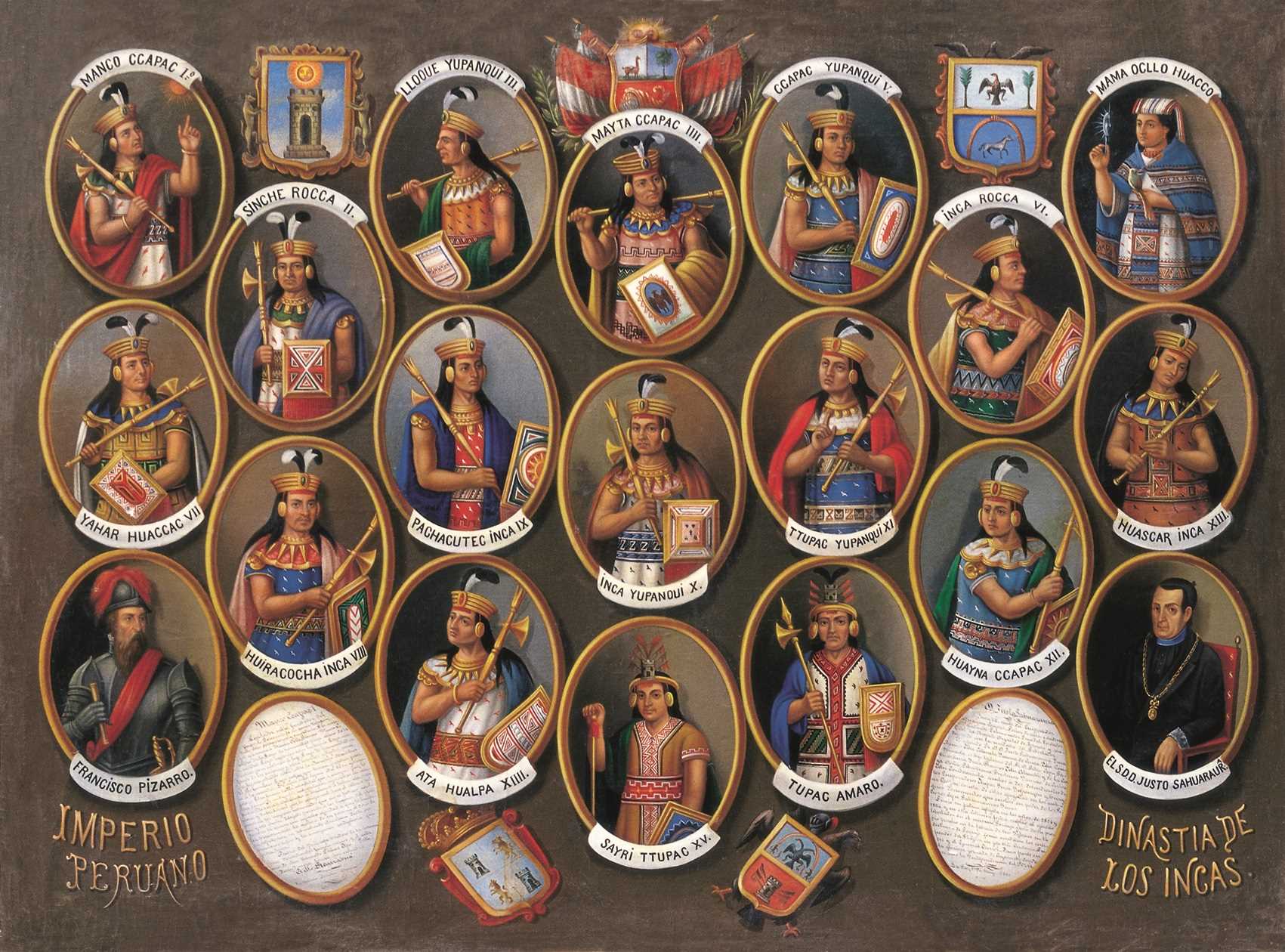 Lienzo de la dinastía incaica, firmado en 1880 por Florentino Olivares. Se exhibe en el Museo de la Moneda. (Libro BCP. Colección Artes y tesoros del Perú)