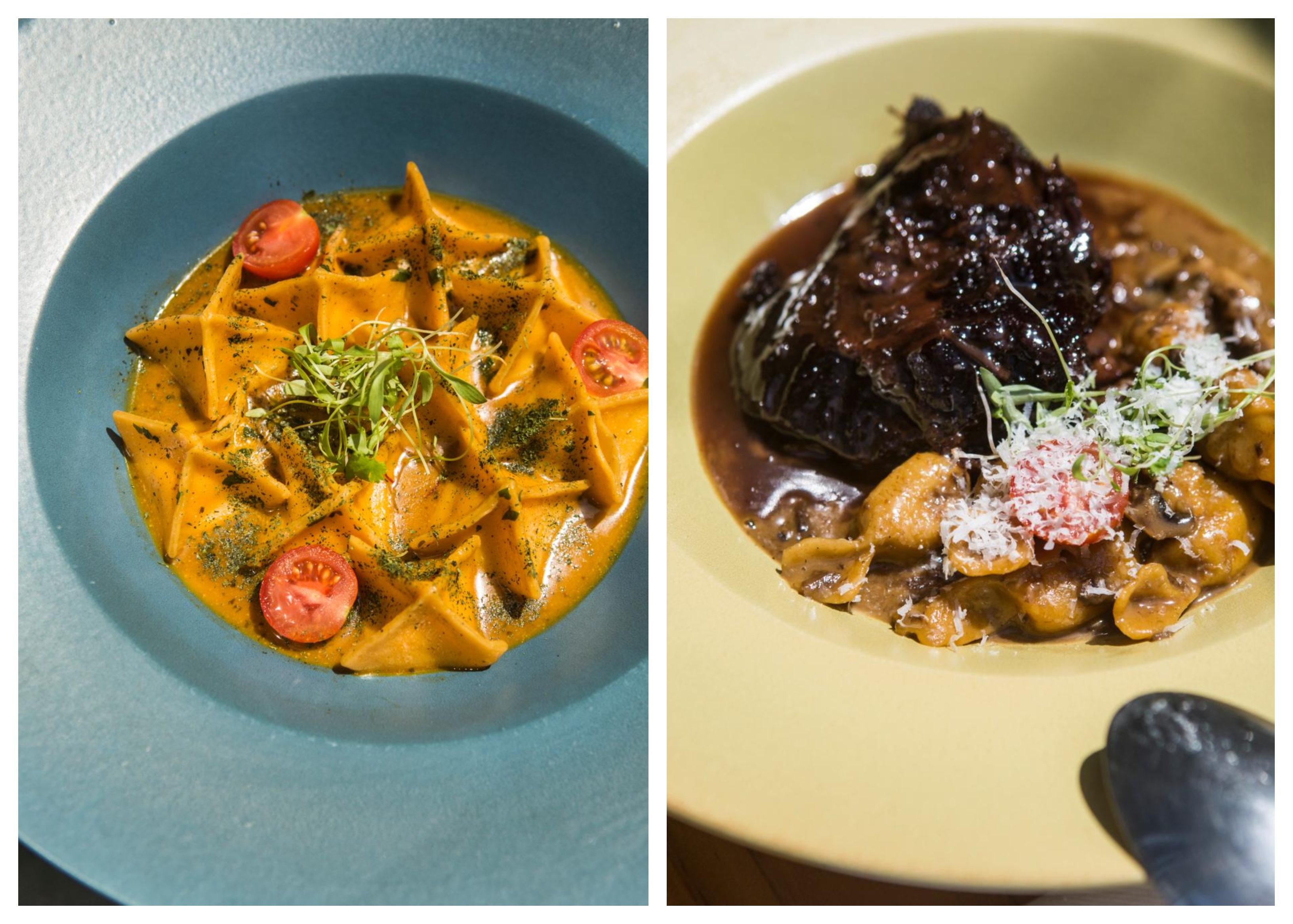 Izquierda: Panzotti de langostinos en salsa de chupe (de langostinos) y cangrejo popeye. Todo se elabora artesanalmente en la Osteria.