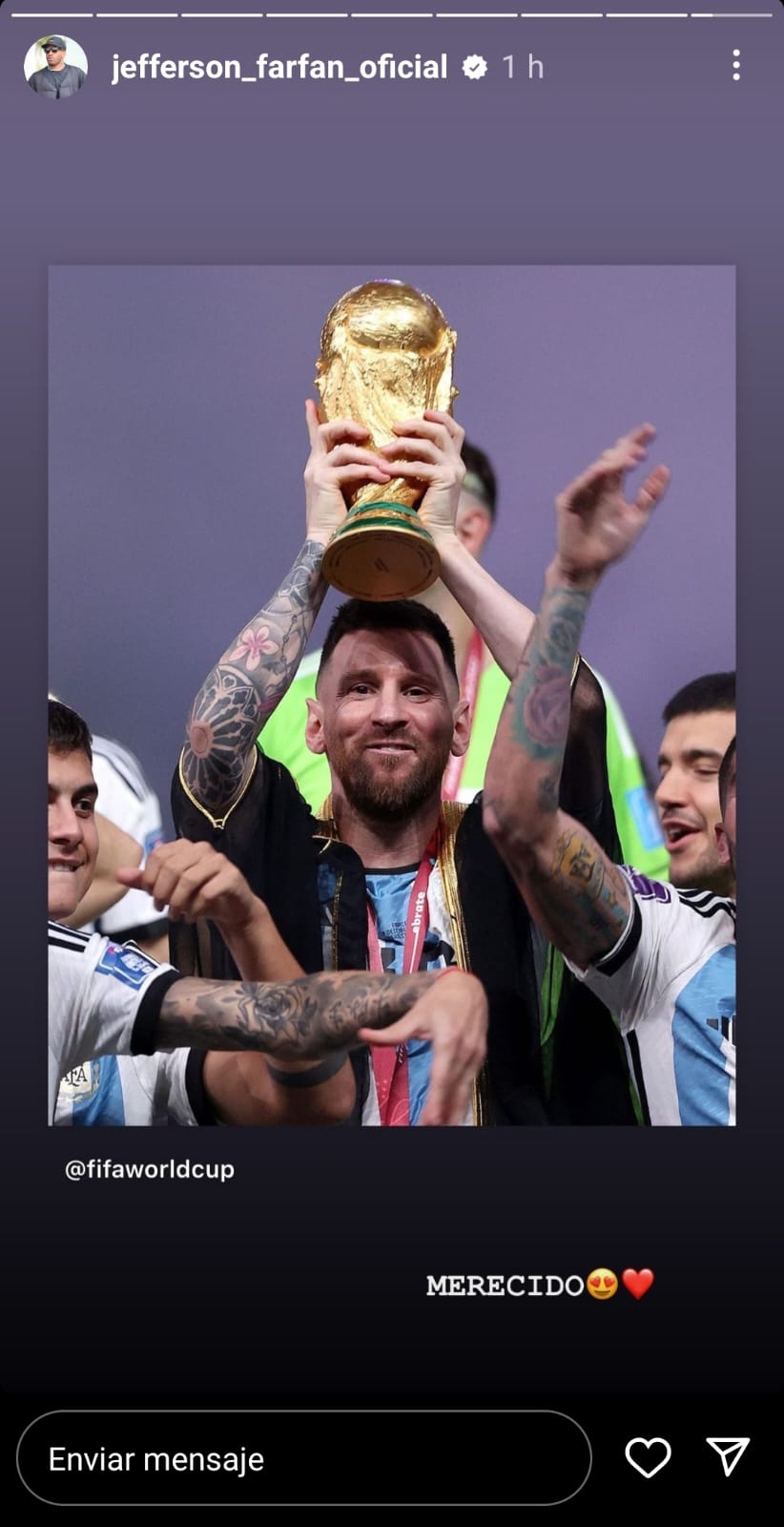 El mensaje de Farfán a Messi tras salir campeón del mundo con Argentina. (Imagen: Captura de Instagram)