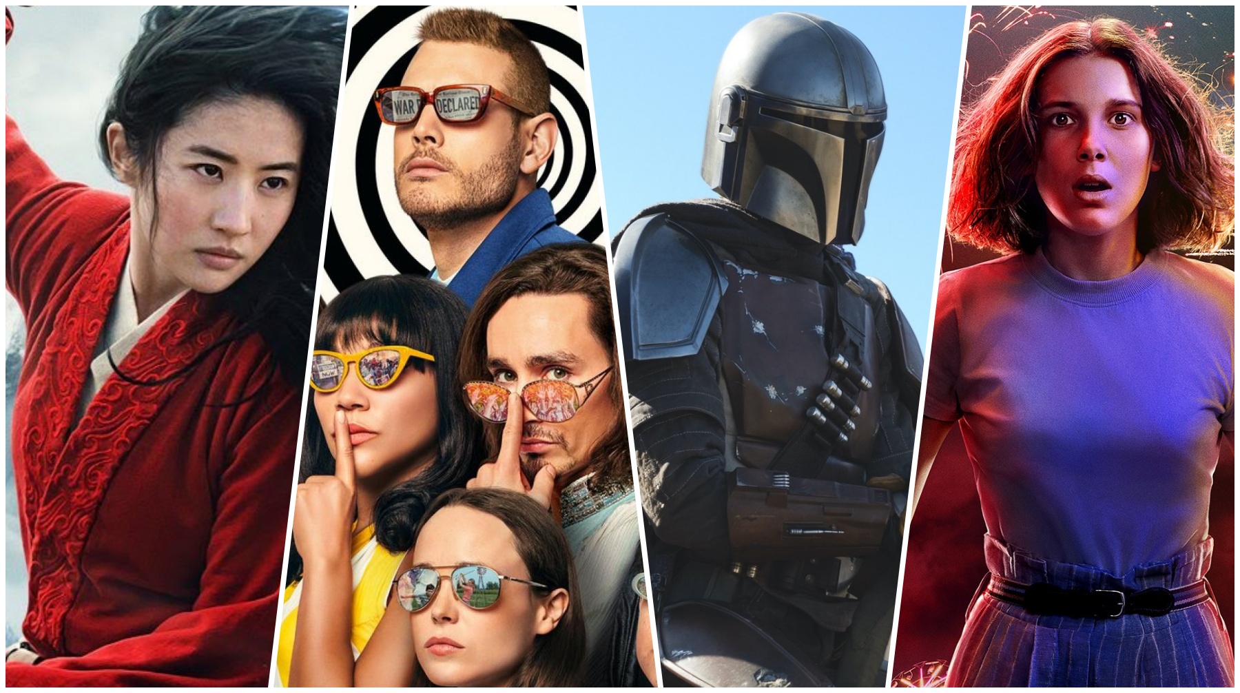 De izquierda a derecha "Mulan" (Disney+), "The Umbrella Academy" (Netflix), "The Mandalorian" (Disney+) y "Stranger Things" (Netflix). Contenidos exclusivos y, al mismo tiempo, armas para mantenerse en la cima de la guerra por el streaming. Fotos: Netflix/ Disney.