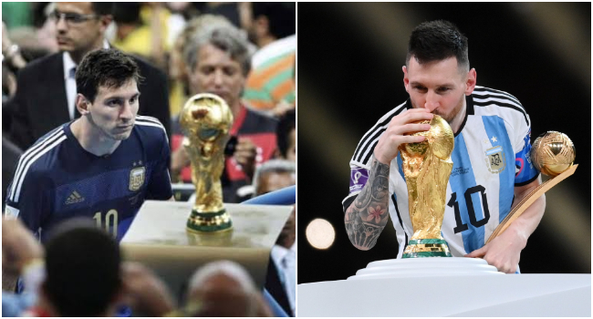Messi en la final de Brasil 2014 (izquierda), Messi con la Copa en Qatar 2022 (derecha)