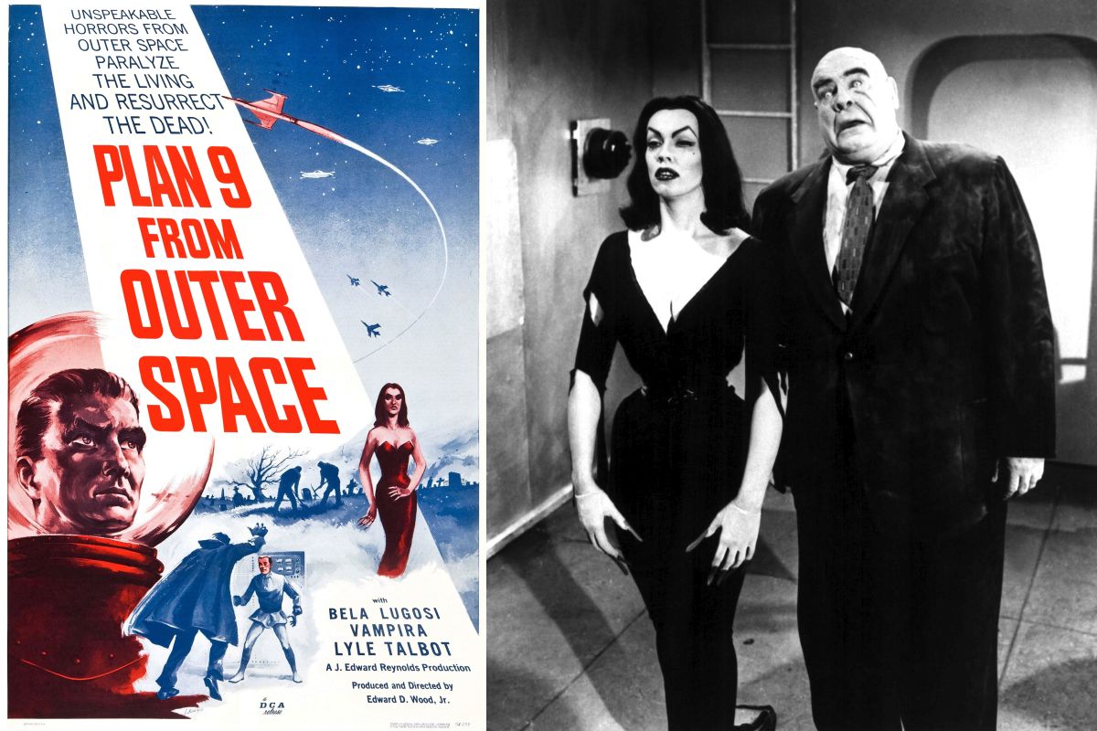 Izquierda: poster que se utilizó para promocionar la película. Derecha: la actriz Maila Nurmi, más conocida como 'Vampira', y el actor Tor Johnson como dos muertos vivientes.  (Foto: Valiant Pictures/Dominio público)