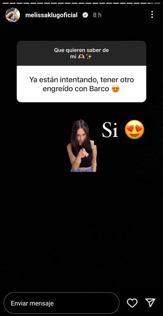 Melissa Klug confiesa que está intentando tener un hijo con Jesús Barco Melissa Klug confiesa que está intentando tener un hijo con Jesús Barco