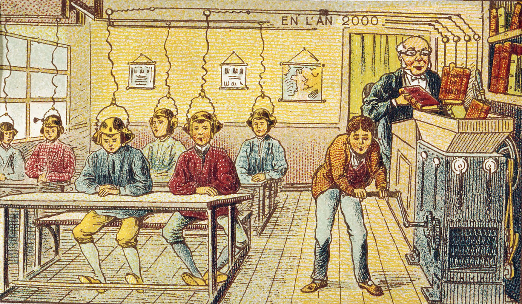 Representación futurista de libros de texto transformados en ondas de radio en las escuelas en un probable año 2000, según un grabado francés del siglo XIX. (Foto: Getty Images)