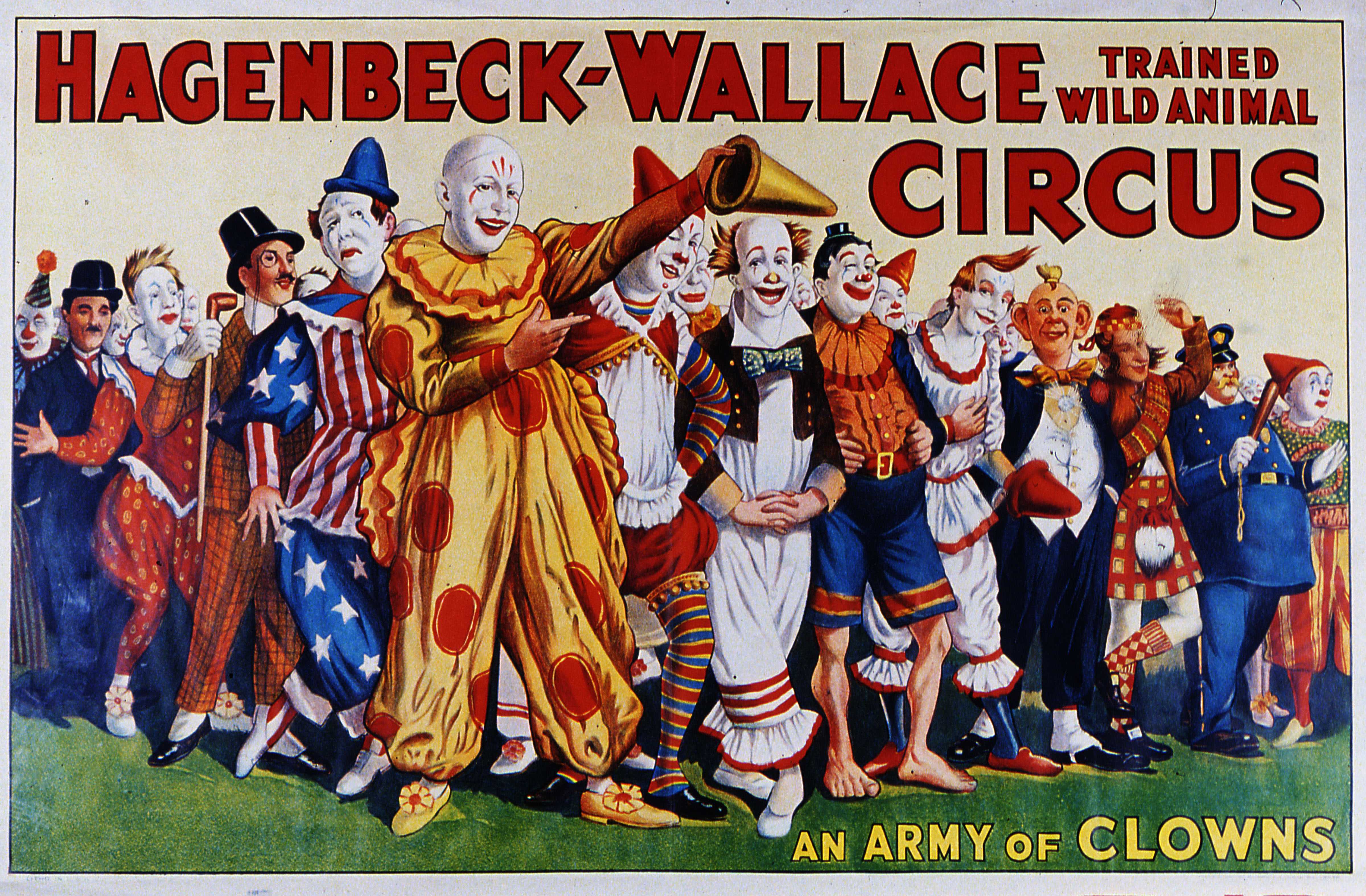 La imagen muestra a un grupo de payasos saludando y sonriendo con sus coloridos disfraces. El cartel fue impreso por la empresa Riverside Lithographic Company de Milwaukee, Wisconsin. (Foto: Getty Images)