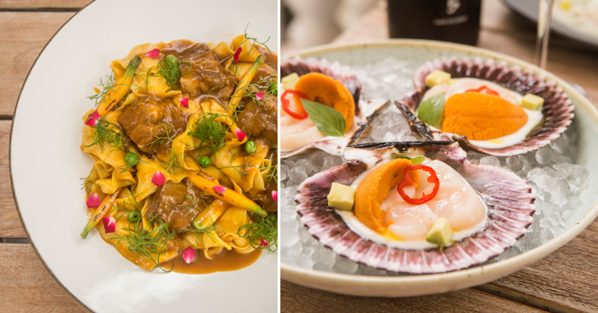 Izq. Parpadelle de loche hecho en casa, coronado con generoso ragú de cordero. Der. Fresquísimas conchitas bachiche en tiradito cremoso de limón y erizo. (Fotos: Heroína Estudio)