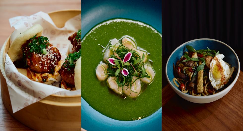 De izquierda a derecha: Bao KFC (Korean Fried Chicken), con pierna de pollo en tempura, salsa de pollo frito coreano, encurtido de daikon, cebolla china, ajonjolí y mayonesa. / Conchas Nam Prik: conchas frescas, leche de tigre nam prik, limón, hierbas aromáticas y aceite de hierba luisa. / Drunken Noodles: salteado al wok de fideos udón, langostinos, lomo fino, salsas de ostión, de soya y de pescado, ají limo, albahaca thai y huevo frito. (Fotos: Alonso Mujica)