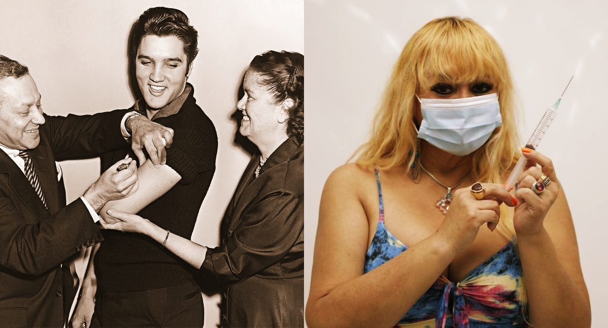 En 1956, Elvis Presley se vacunó contra la polio horas antes de aparecer en el programa de Ed Sullivan. Susy Díaz, por su parte, se ha convertido en promotora de la vacunación contra el COVID-19. (Fotos: NEH.GOV/Anthony Niño de Guzmán)