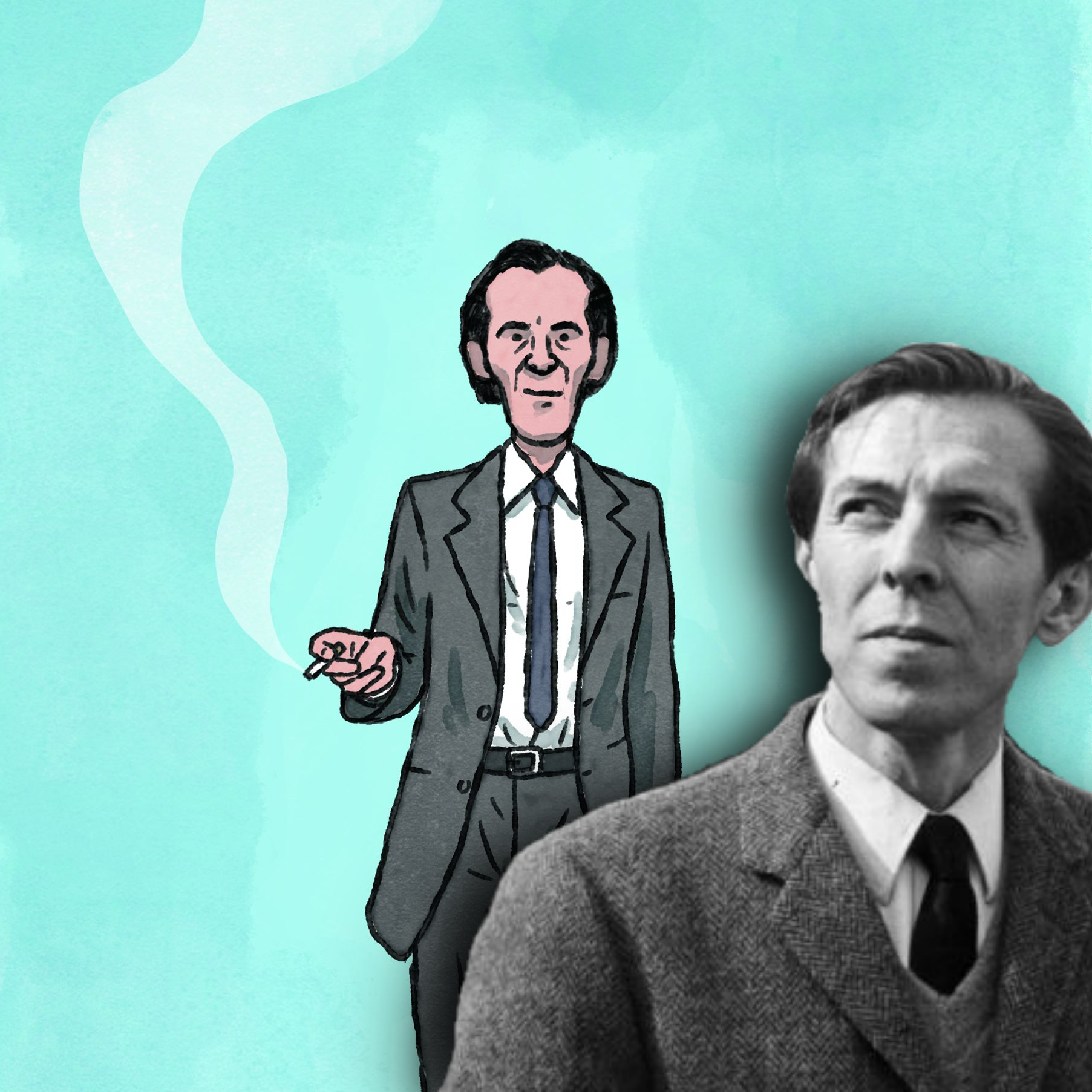 En primer plano, Julio Ramón Ribeyro en una imagen de archivo. Detrás, ilustración de Víctor Aguilar para el reciente cómic biográfico del escritor peruano.