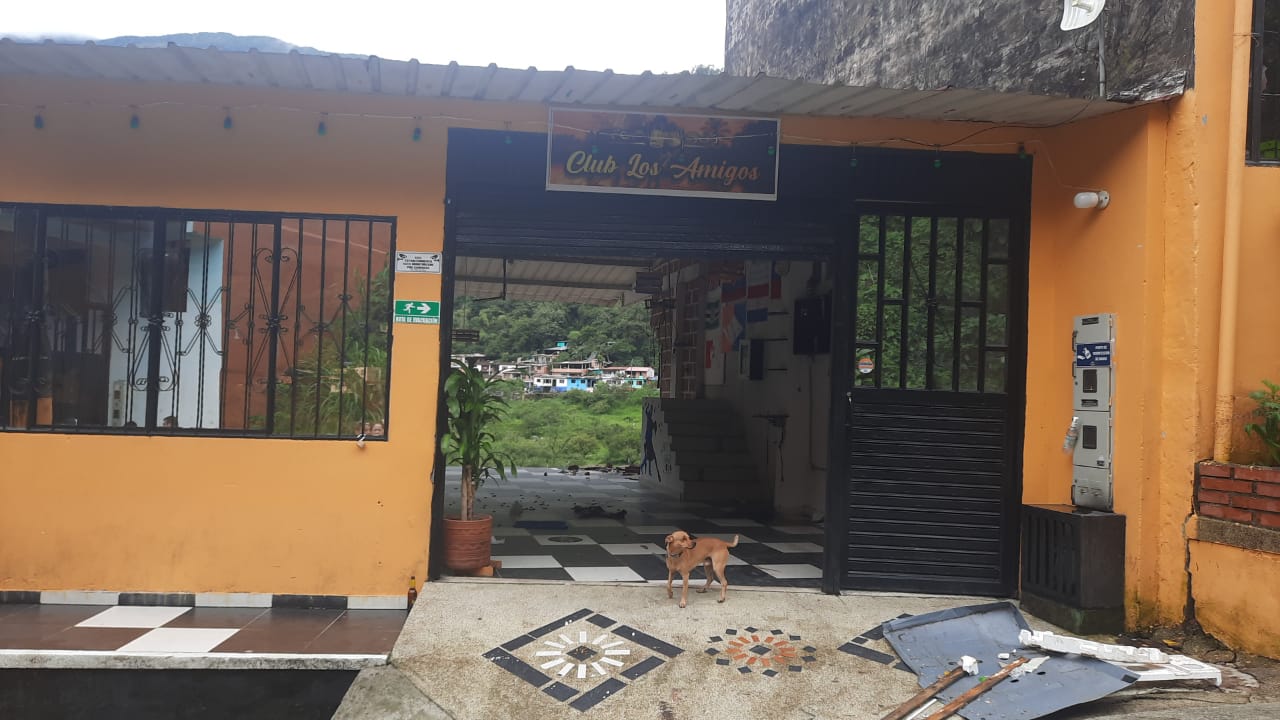 Un perro frente a una de las viviendas afectadas