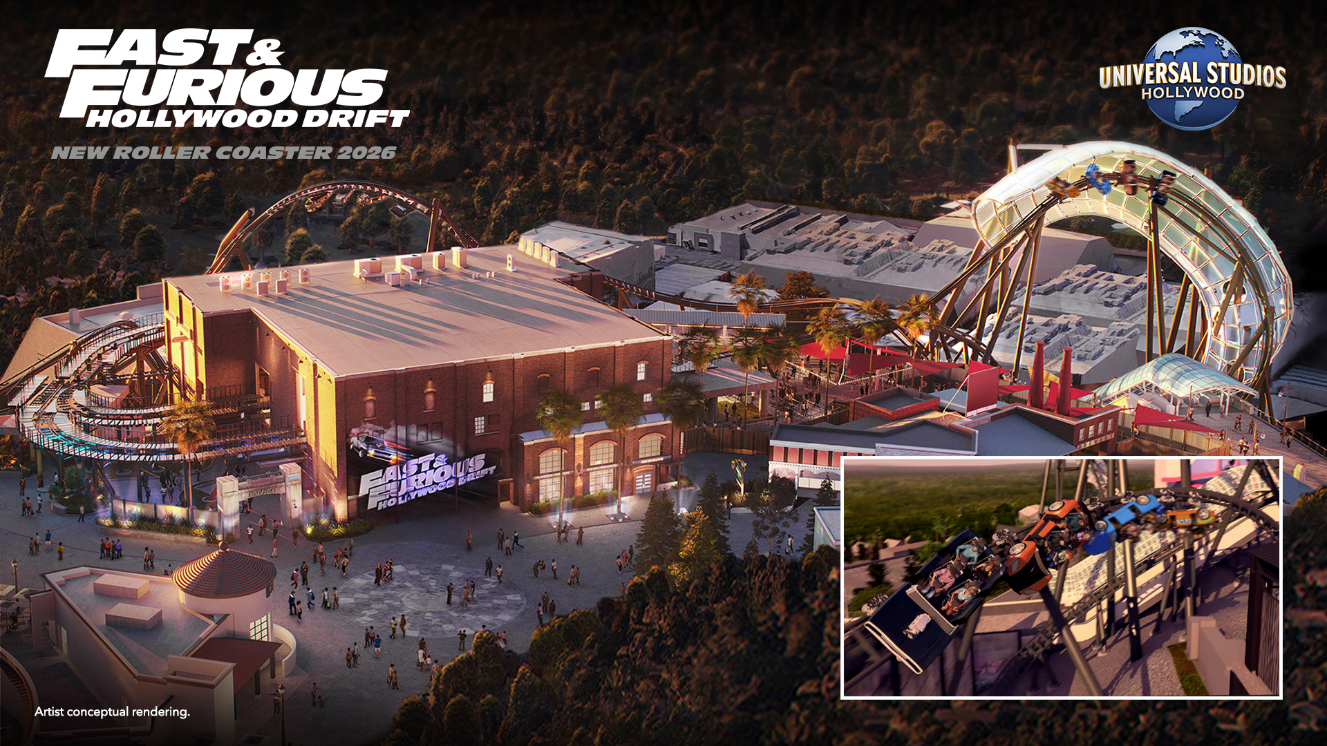 Primer render de “Fast & Furious: Hollywood Drift”, la primera montaña rusa al aire libre de alta velocidad del destino, que abrirá en 2026.