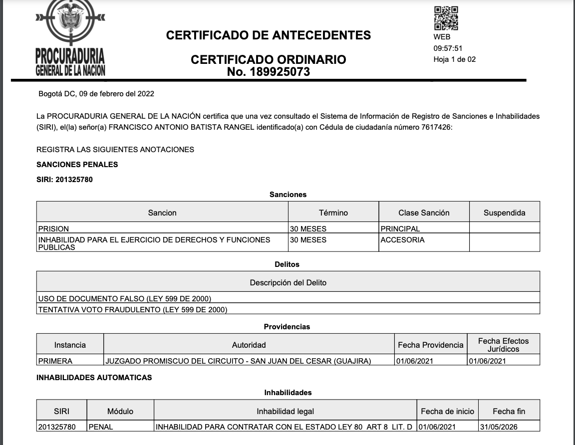 Antecedentes de Francisco Antonio Batista Rangel.