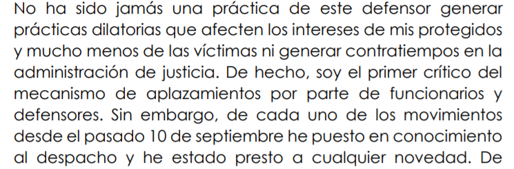 Documento que el abogado Miguel Ángel del Río envío al Tribunal Superior de Bogotá, indicando los motivos de sus inasistencia.