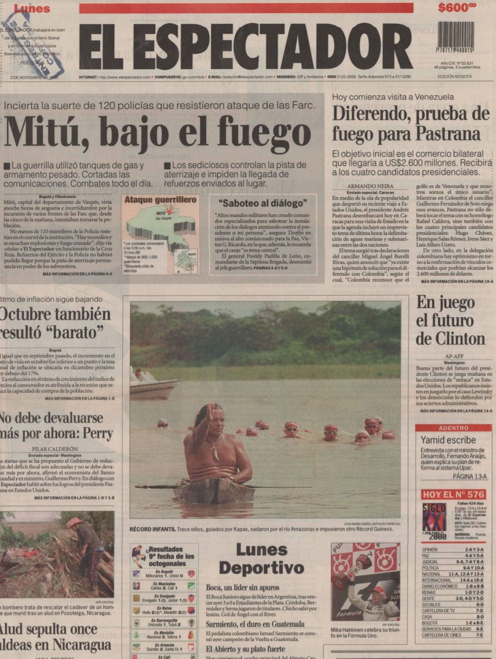 Así registró El Espectador la toma de Mitú, Vaupés, el 1 de noviembre de 1998. La extinta guerrilla secuestró a 61 personas tras tomarse el municipio.
