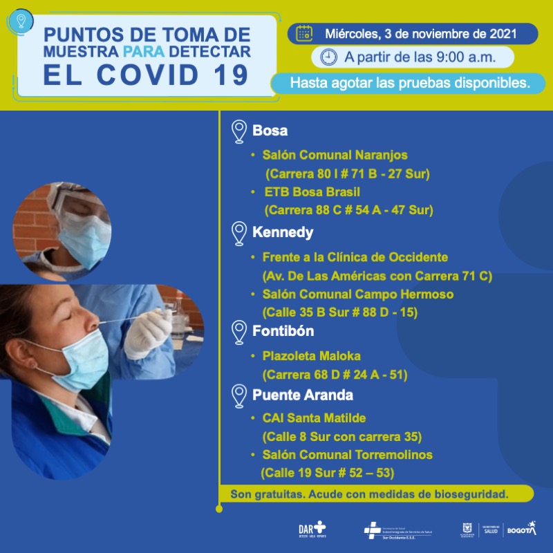 ¿Dónde hay pruebas gratuitas para Covid-19 este miércoles en Bogotá?