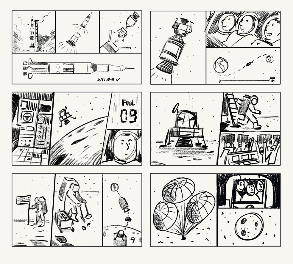 Primeros bocetos de guión gráfico y arte conceptual del artista principal Pedro VerganiGoogleEn el video Collins cuenta datos importantes, como que la fecha del despegue fue en la mañana del 16 de julio de 1969, o que el ordenador que llevaban a bordo, si bien era tecnología de punta para la época, no concentra la potencia informática que tiene hoy un teléfono celular.