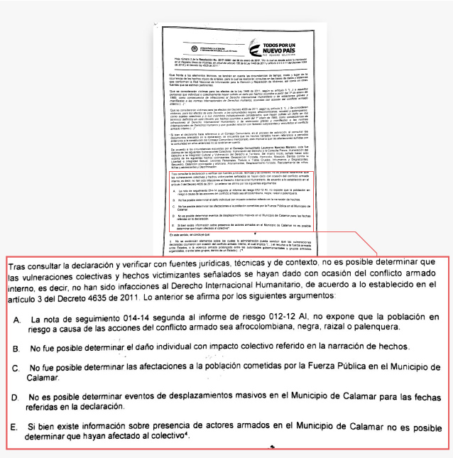 El 30 de enero del 2017 la Unidad para la Atención y Reparación Integral a las Víctimas envió una resolución al Consejo Comunitario Laureano Narciso Moreno en el que niega la inclusión al Registro Único de Víctimas.
