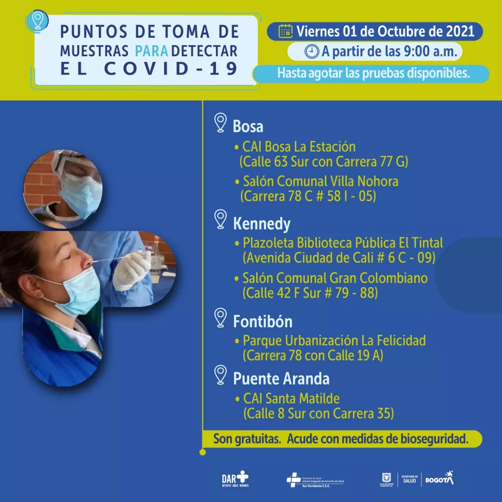 Estos son los puntos para toma de pruebas COVID-19 este viernes en Bogotá.