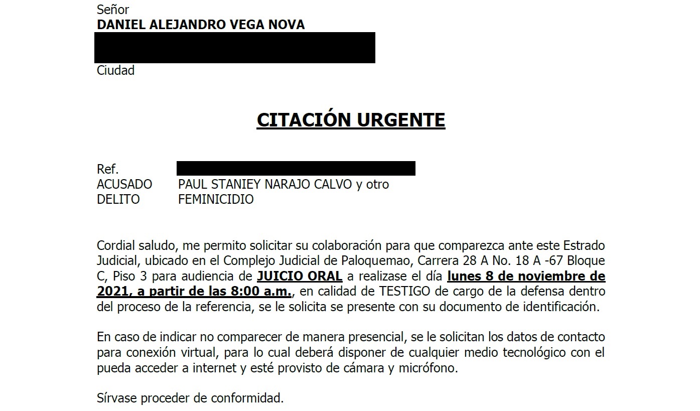 Citación urgente al testigo Daniel Vega Novoa.