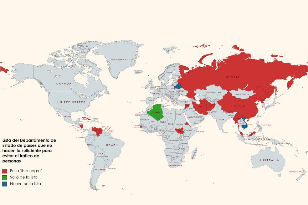 Países que hacen parte de la "lista negra" de Estados Unidos sobre tráfico de personas.