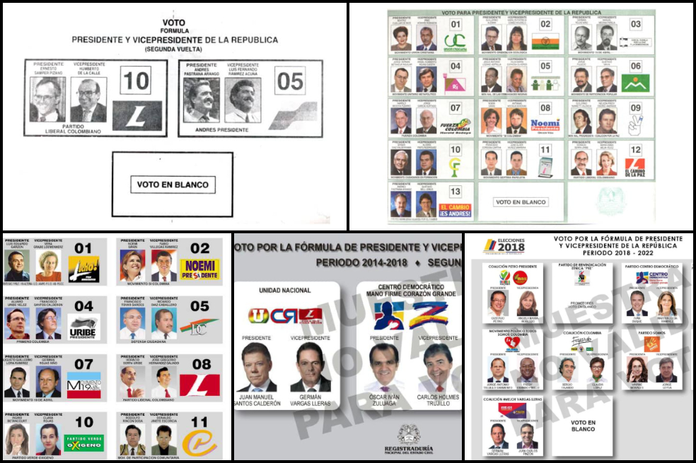 Los tarjetones con los que Colombia ha votado a la presidencia en 28 años