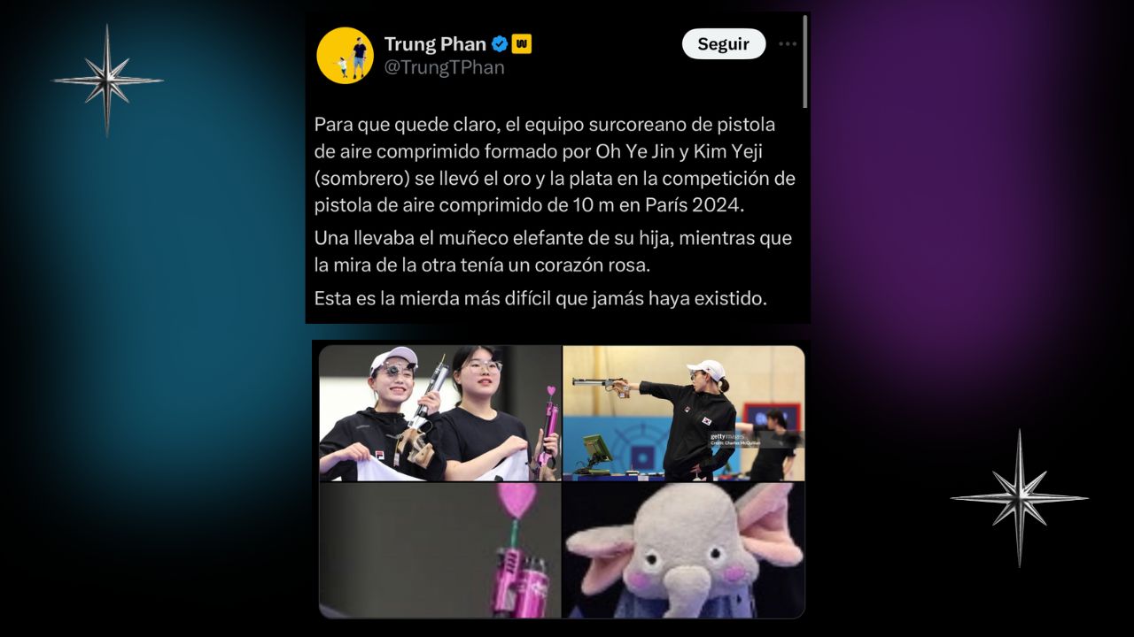 Reacciones al pódium de la selección surcoreana de tiro de pistola de aire comprimida donde se muestra a las ganadoras con una pistola rosada de corazón y un peluche de elefante de la hija.