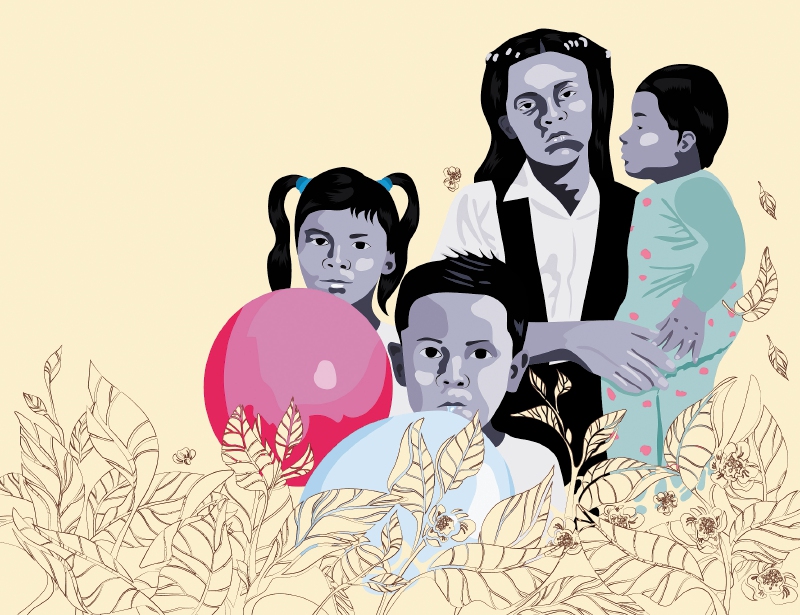 La ceremonia será el 12 de octubre, Día de la Raza. Aquí, Lesly (de 13 años), Soleiny (de 9), Tien Noriel (de 4) y Cristin Neriman (la bebé de un año).  / Ilustración de Éder Rodríguez con base en foto familiar y de su casa 