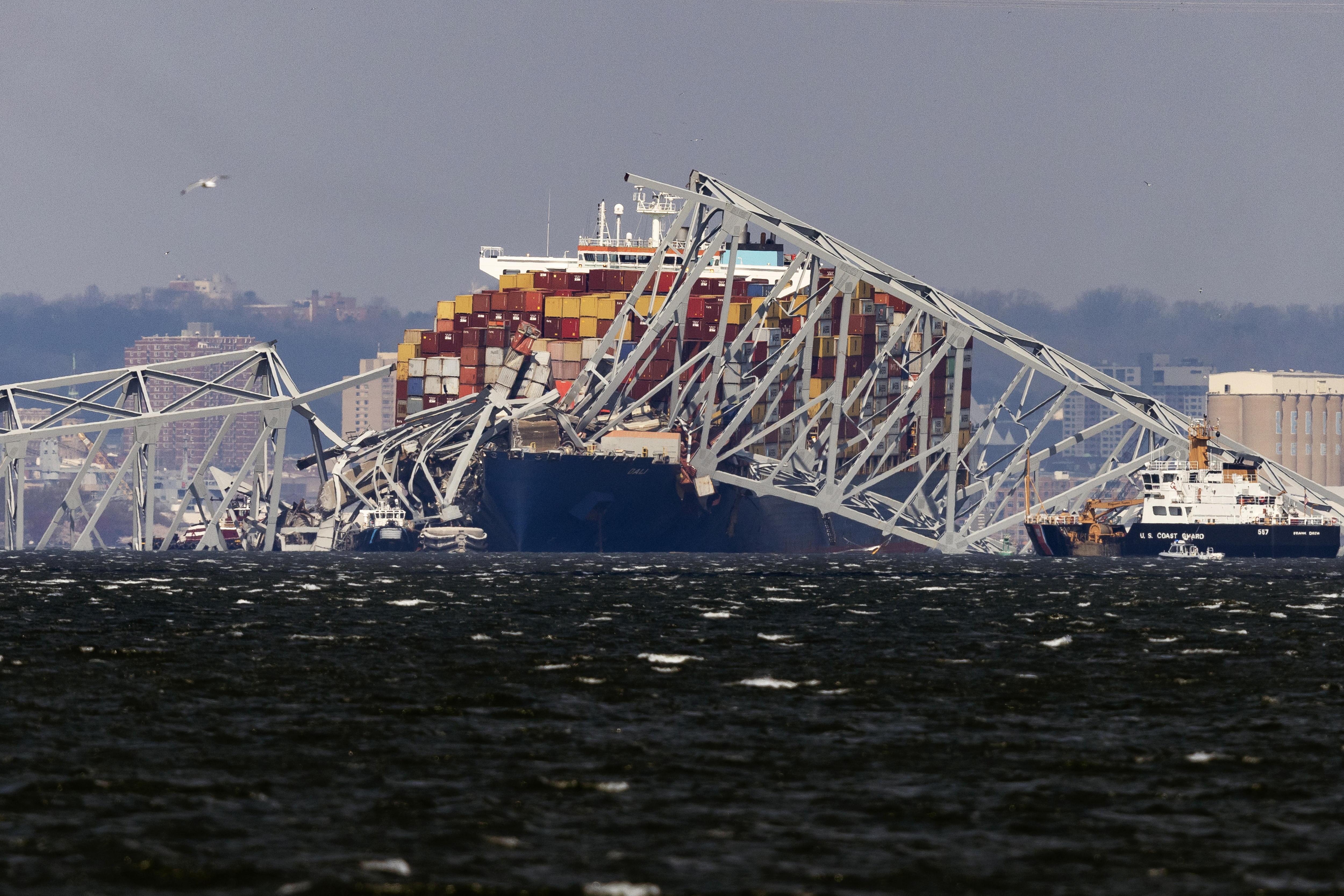 Baltimore (United States), 29/03/2024.- The cargo vessel Dali lies under a toppled section of the Francis Scott Key Bridge, in Baltimore, Maryland, USA, 29 March 2024. According to the office of the Governor of Maryland, the largest crane in the Eastern Seaboard has arrived to begin cleanup of the collapsed Francis Scott Key Bridge after it was struck by the cargo vessel Dali on 26 March, leading to the closure of the Port of Baltimore. EFE/EPA/MICHAEL REYNOLDS