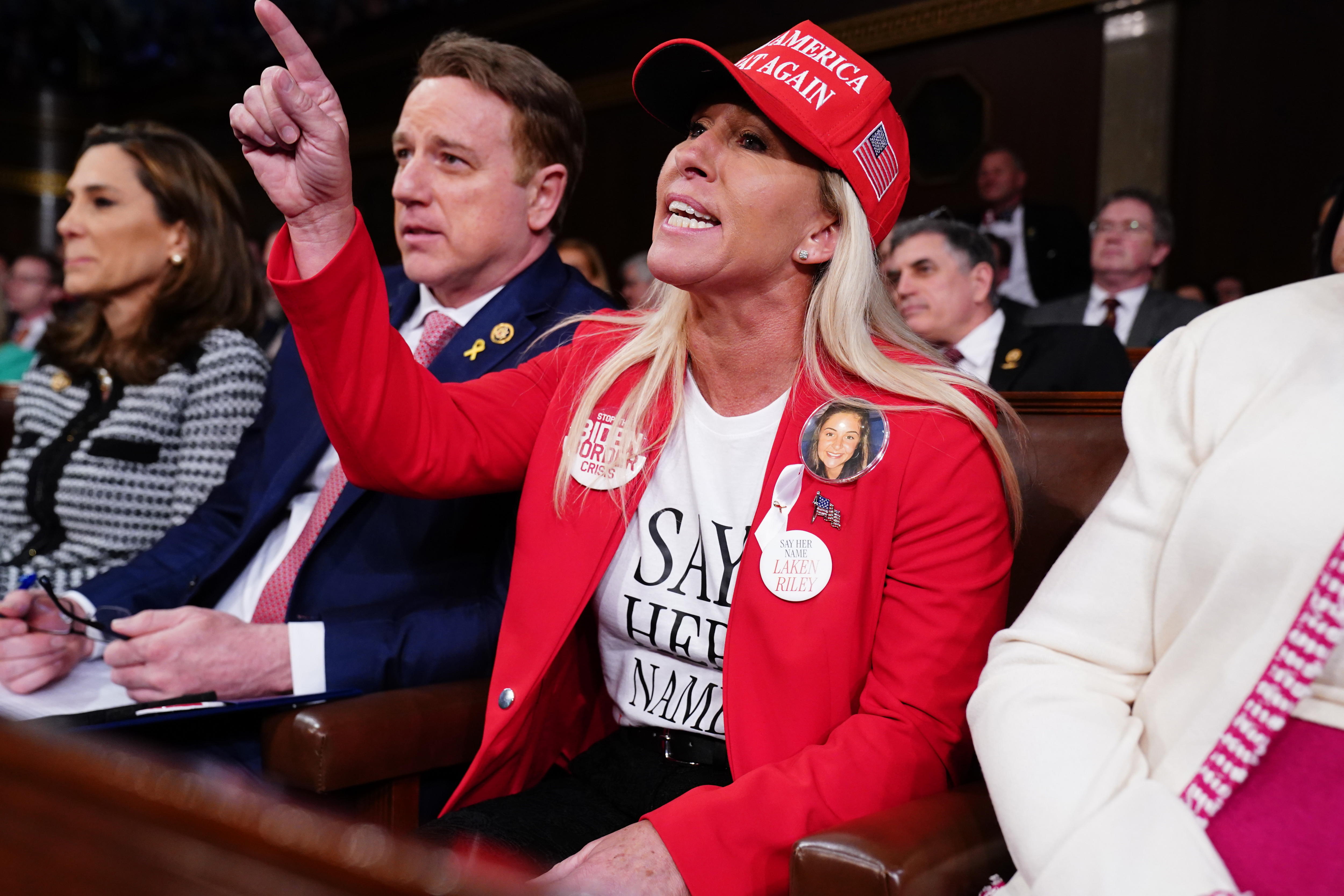 Washington (United States), 08/03/2024.- Republican Representative from Georgia Marjorie Taylor shouts at US President Joe Biden as he delivers his third State of the Union address in the House Chamber of the US Capitol in Washington, DC, USA, 07 March 2024. EFE/EPA/SHAWN THEW / POOL