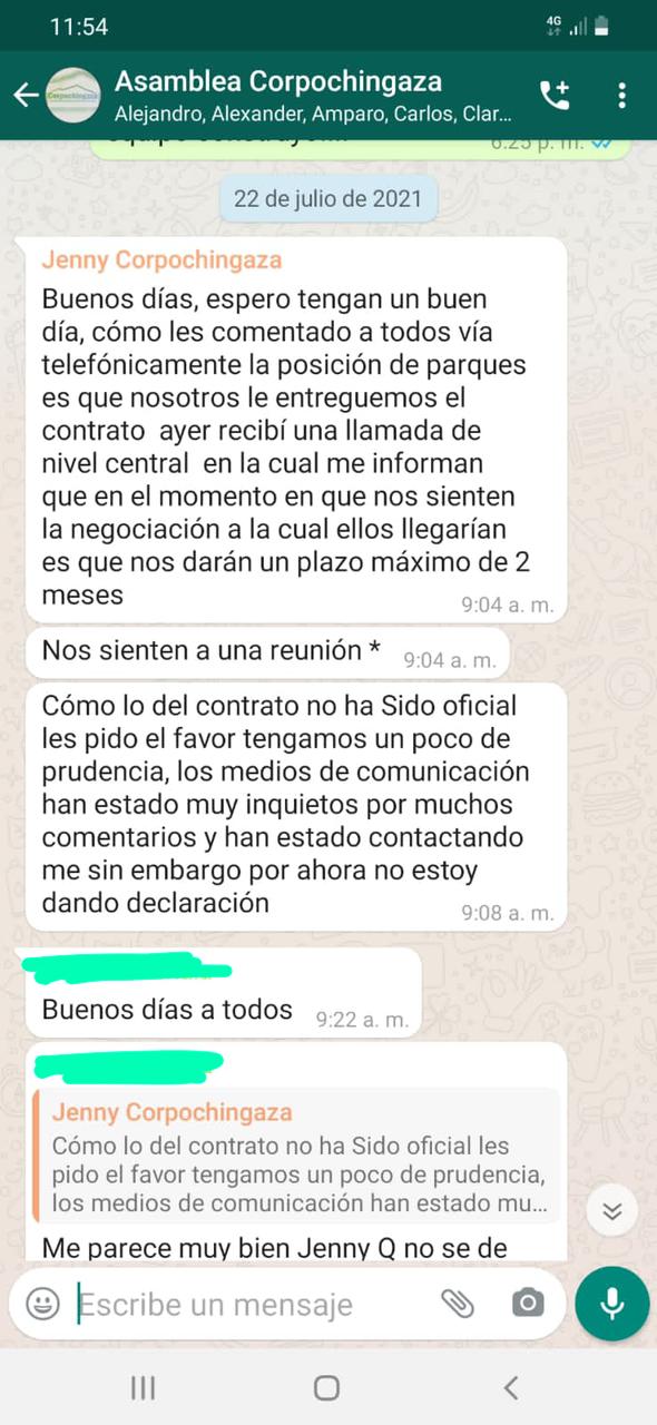 Toma de pantalla de mensaje que Jenny Romero, directora de Corpochingaza, le envió a asamblea de la corporación.  Dice que PNN le está pidiendo terminar y entregar el contrato, que vence en cinco años.