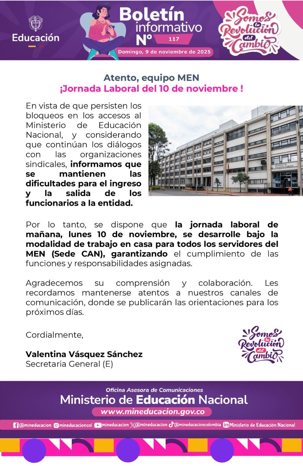 Este es el comunicado que le enviaron a los funcionarios del Ministerio de Educación.