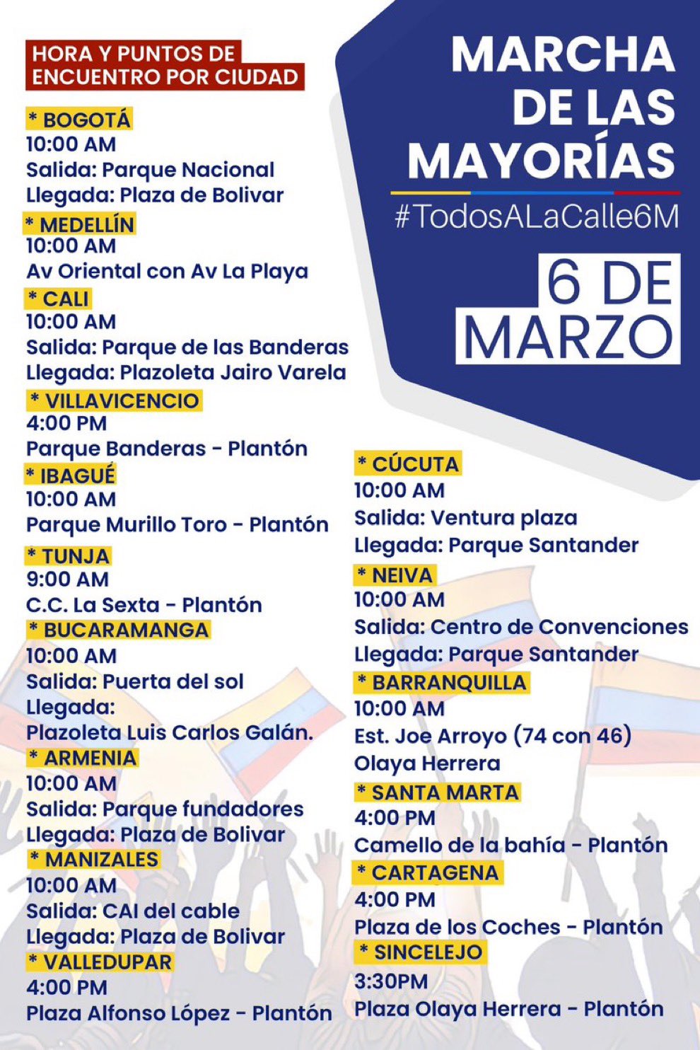 Convocatoria de marchas para este 6 de marzo en el país.