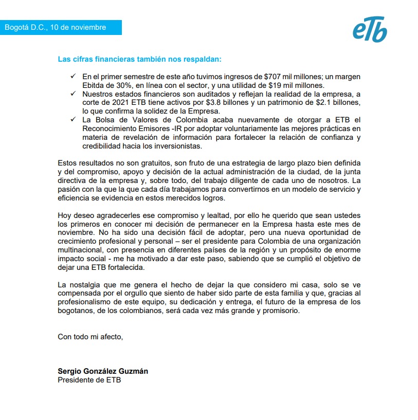 Esta fue la carta de renuncia enviada por Sergio González a la mesa directiva de ETB.