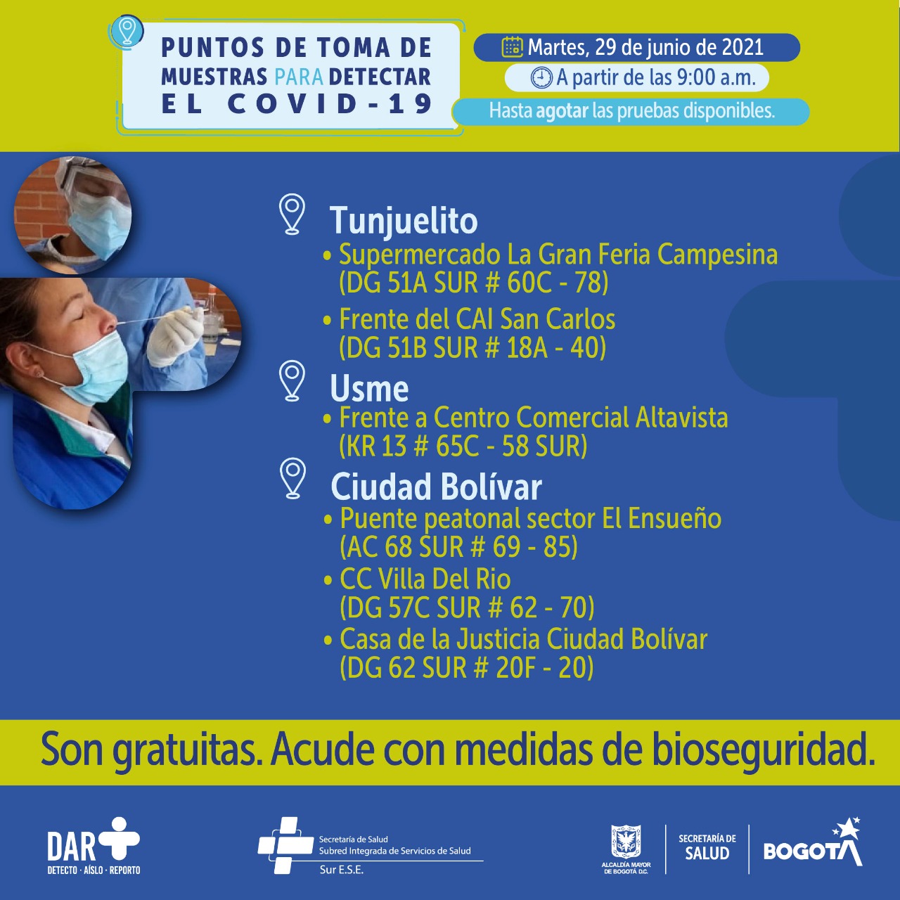 ¡Pilas! En estos puntos hay pruebas COVID-19 gratis en Bogotá para este martes