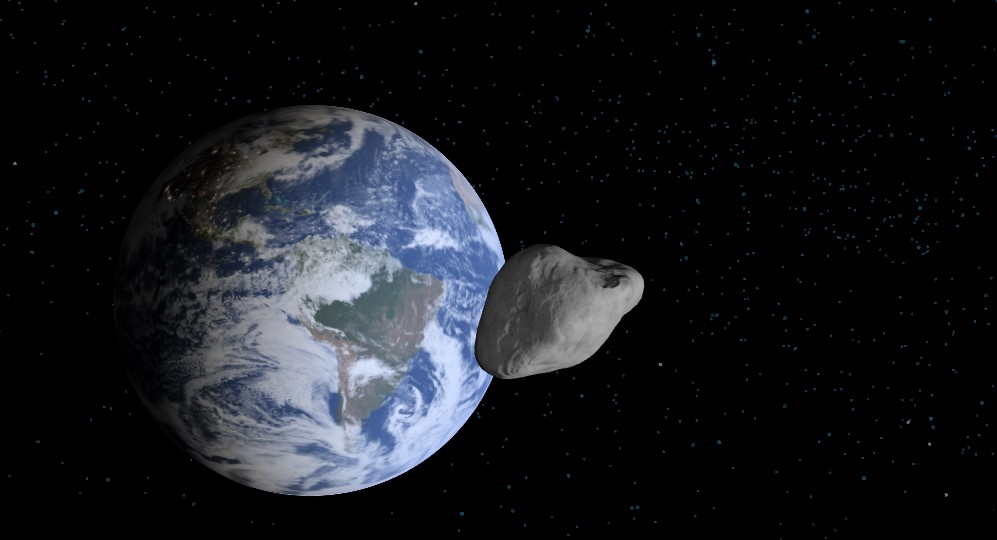 Simulación del paso cercano a la Tierra del 2024 YR4 en 2032, realizado con el sistema Eyes on Asteroids, de la NASA. En la simulación, el asteroide no colisiona con la Tierra.