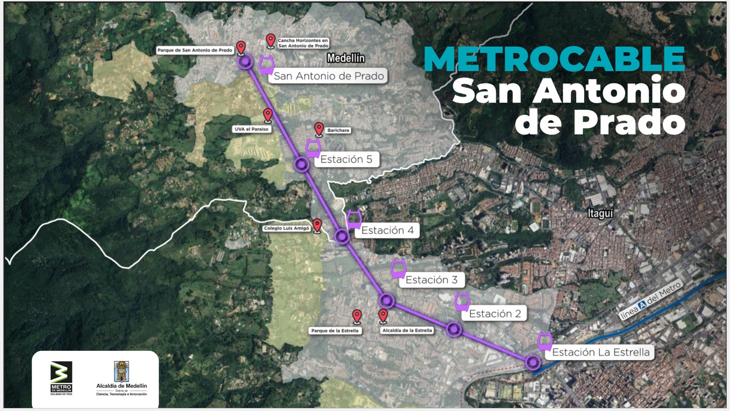 Recorrido del metrocable San Antonio de Prado hacia la estación La Estrella.