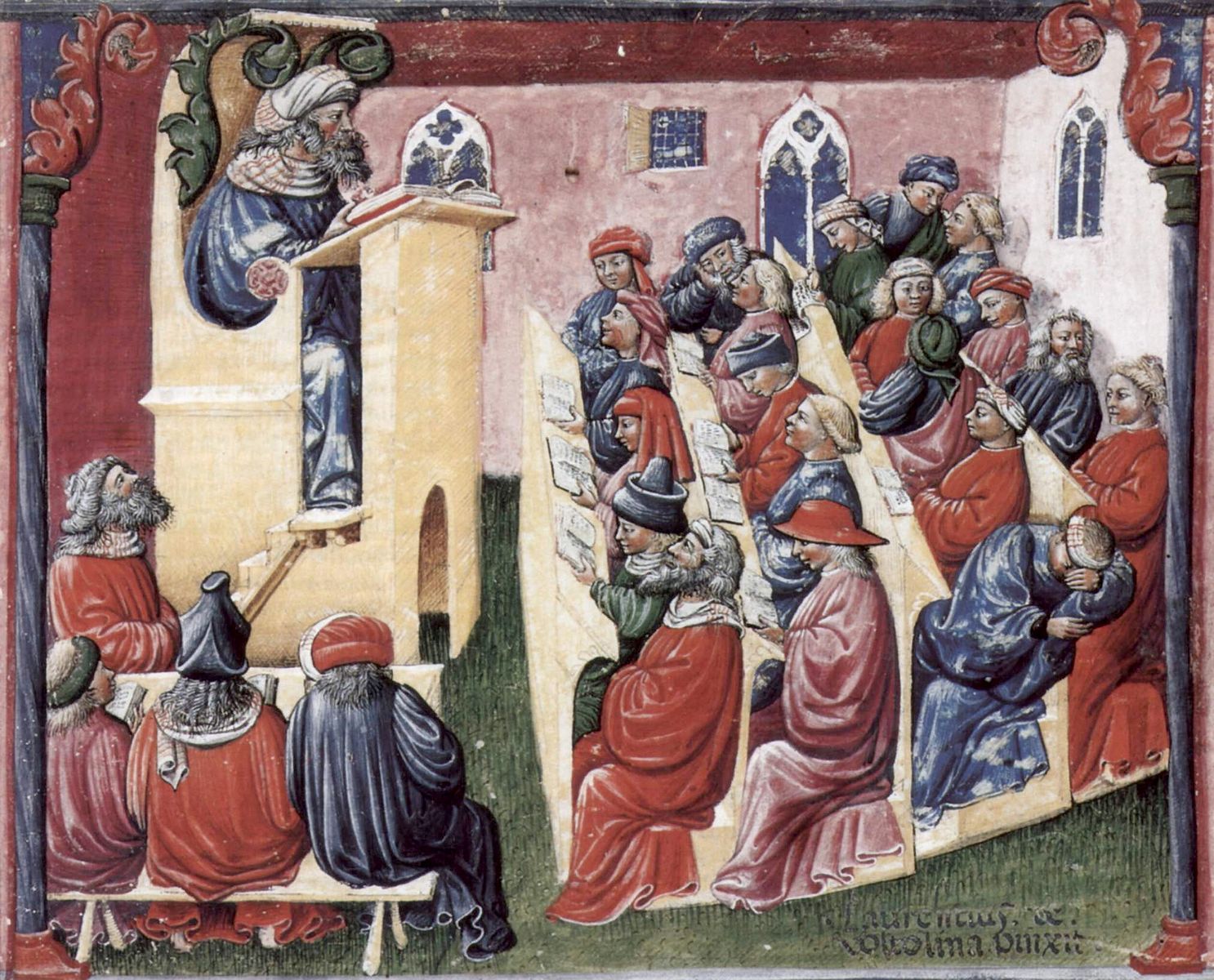 “Clase de Aristóteles en la universidad medieval”, de Laurentius de Voltolina.