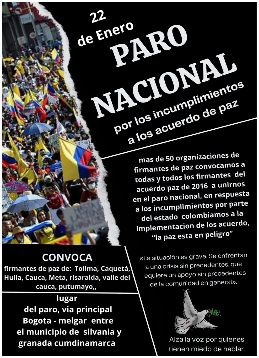 El panfleto que está circulando entre varias organizaciones convocando al paro nacional por el incumplimiento al Acuerdo de Paz