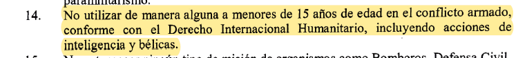 Entre los nuevos elementos del protocolo quedó establecido que el ELN se comprometió a “no utilizar de manera alguna a menores de 15 años en el conflicto armado”.