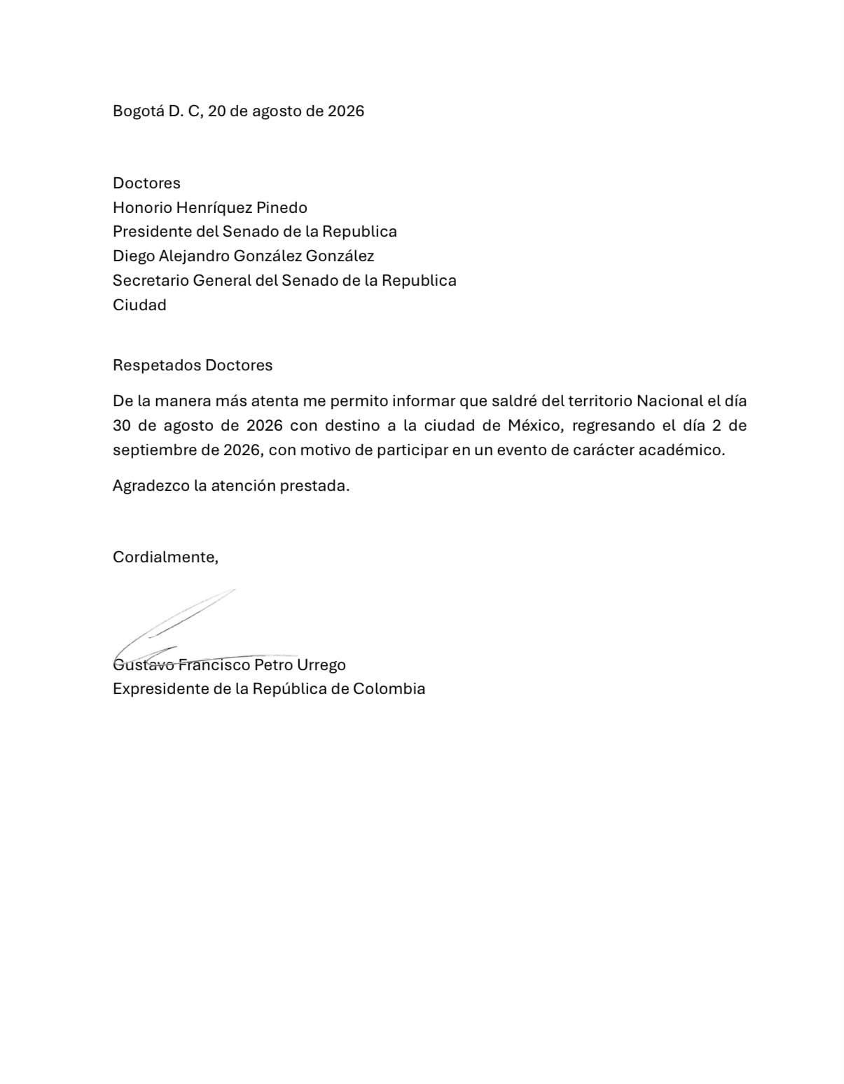 Carta del expresidente Gustavo Petro al Congreso de la República.